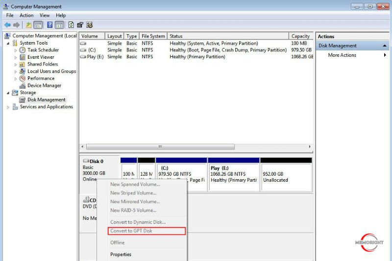 Convert between MBR and GPT with Disk Management