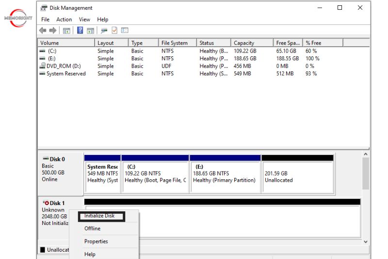 Using Disk Management to Initialize SSD