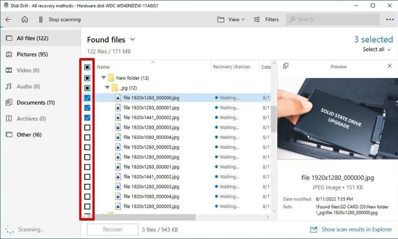 selecting files for recovery in Disk Drill