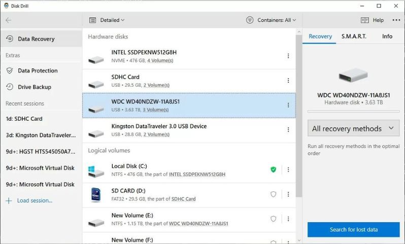 selecting the SSD from Disk Drill